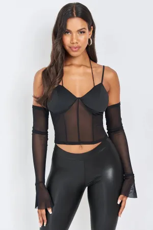 Sheer Tie Back Contrast Mesh Crop Tee