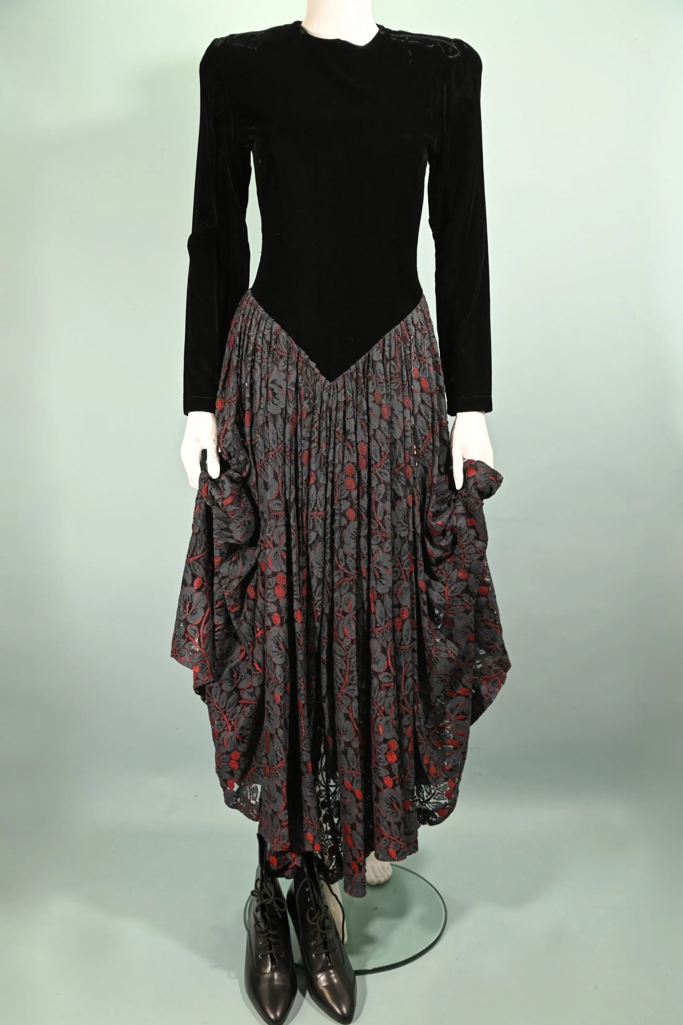 SOLD VTG 80s Norma Kamali Black Velvet/Lace Maxi Dress