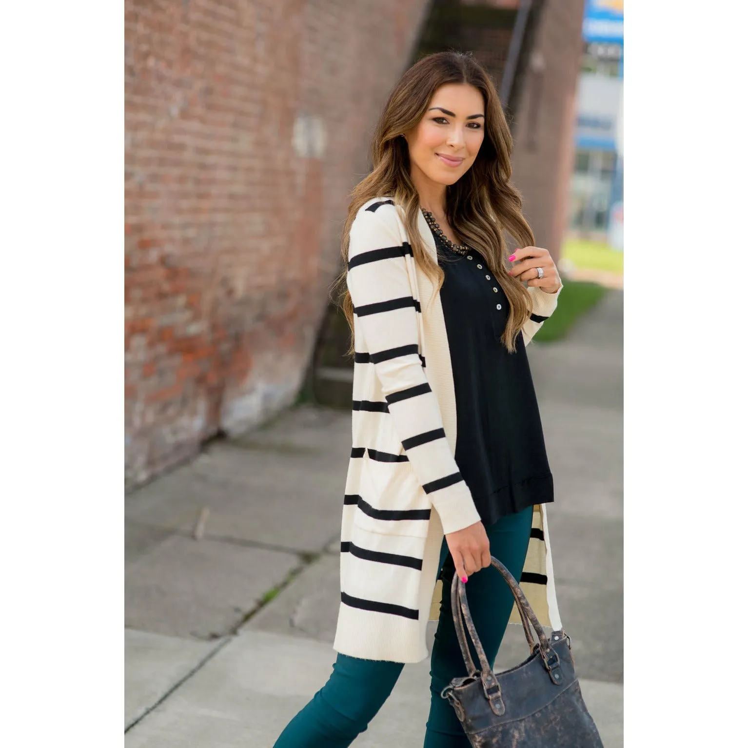 Striped Butter Soft Tunic Cardigan -Cream