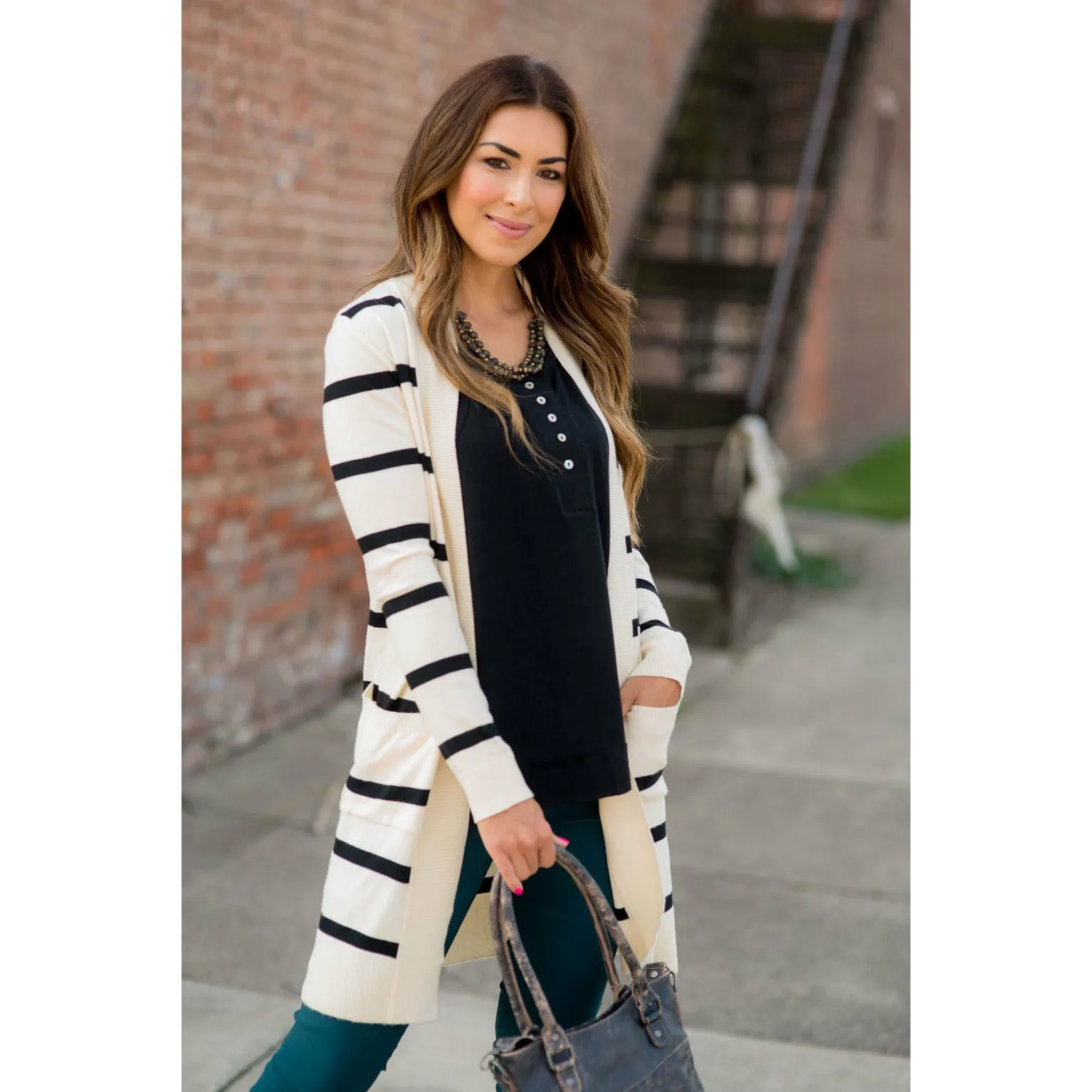 Striped Butter Soft Tunic Cardigan -Cream