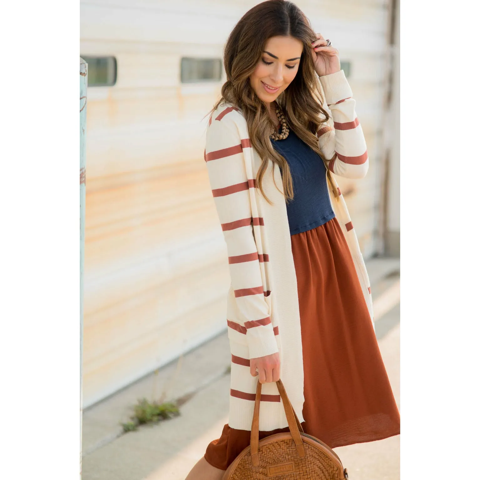 Striped Butter Soft Tunic Cardigan -Cream