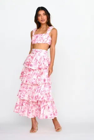 Suenito Tiered Frill Maxi Skirt Floral Pink