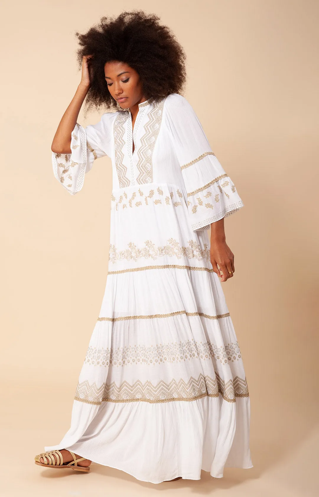 Taliah Embroidered Crinkle Gauze Maxi Dress