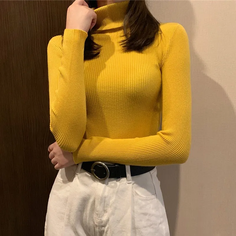 Turtleneck Sweaters Autumn Women Knitted Pullovers Elastic Jumper Soft Long Sleeve Korean Slim Ladies Basic Top New