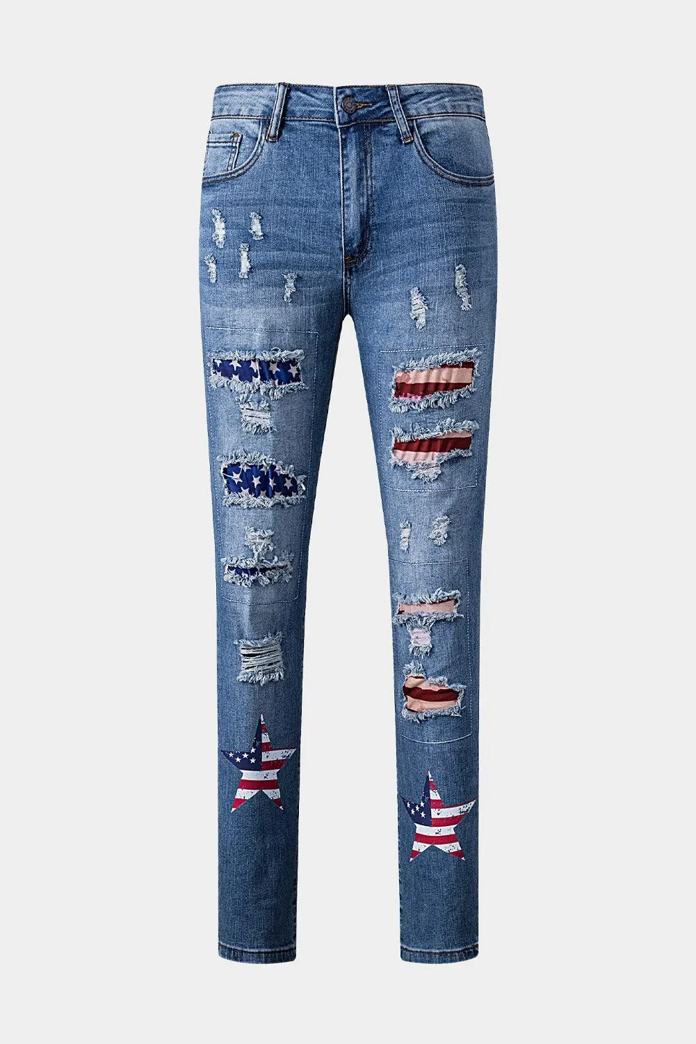 US American Flag Graphic Distressed Denim