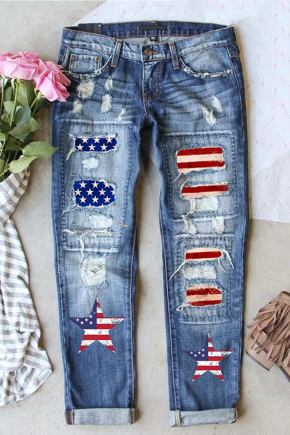 US American Flag Graphic Distressed Denim