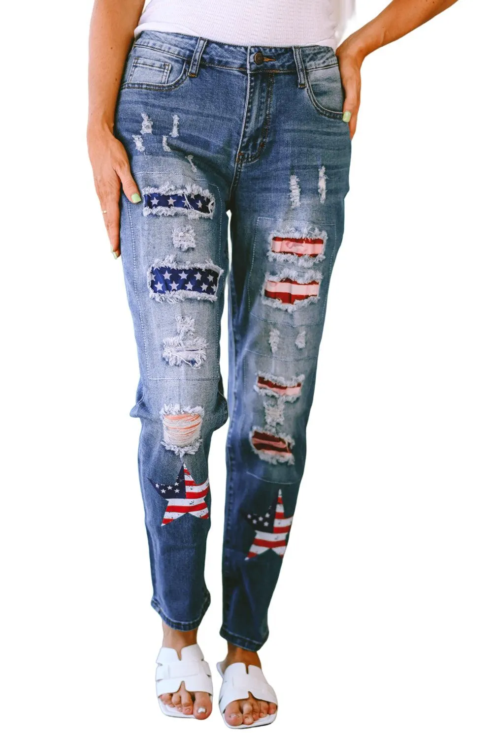 US American Flag Graphic Distressed Denim