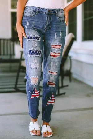 US American Flag Graphic Distressed Denim