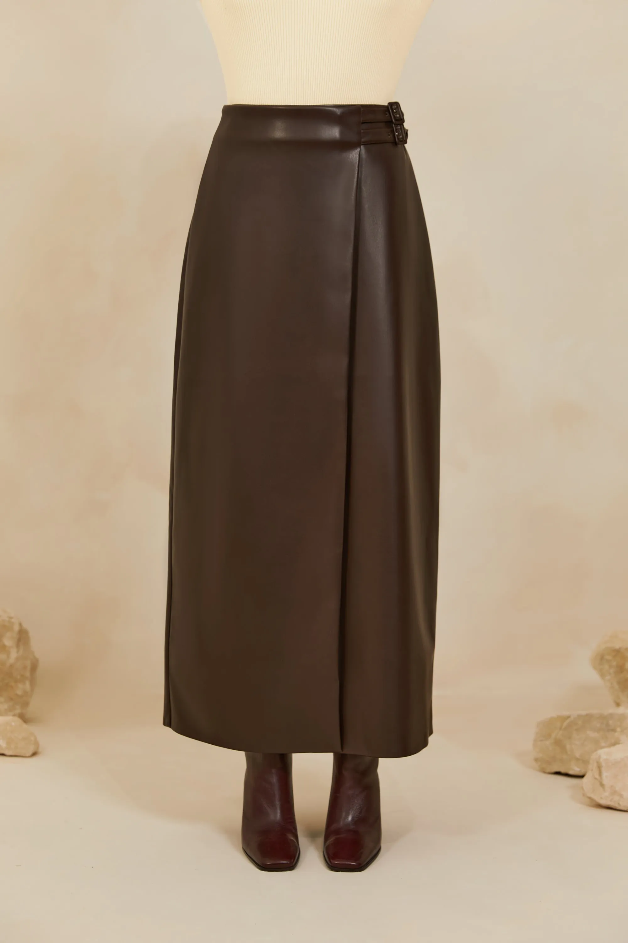 Vegan Leather Wrap Maxi Skirt - Java