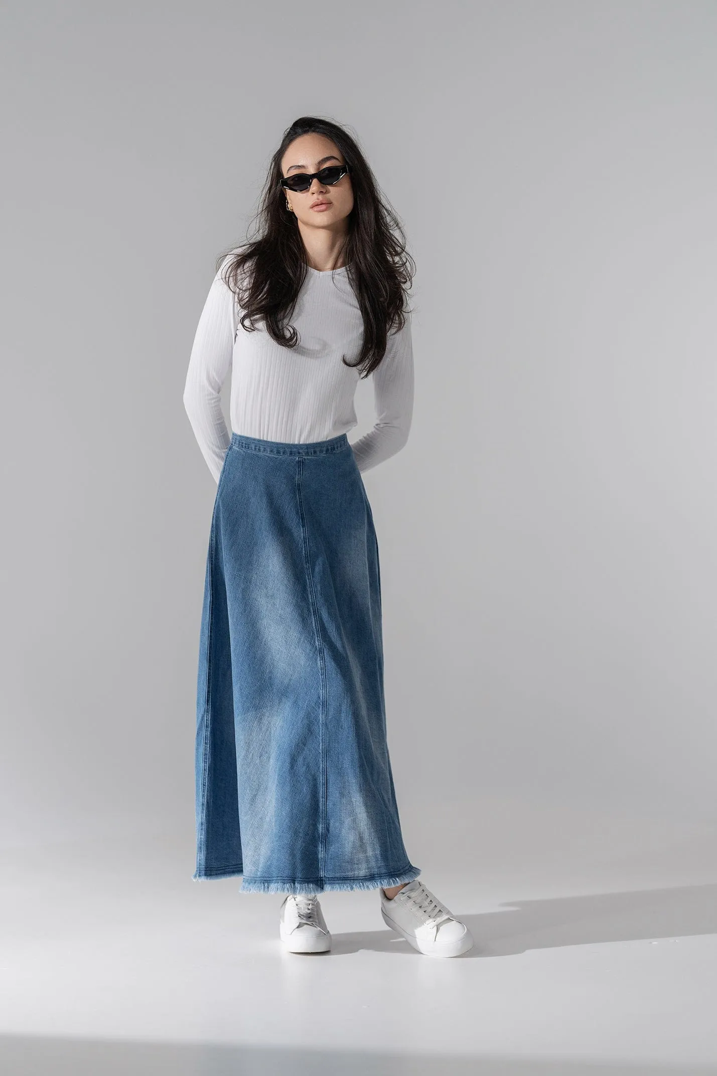 Washed Fringe Denim Skirt-Denim Blue