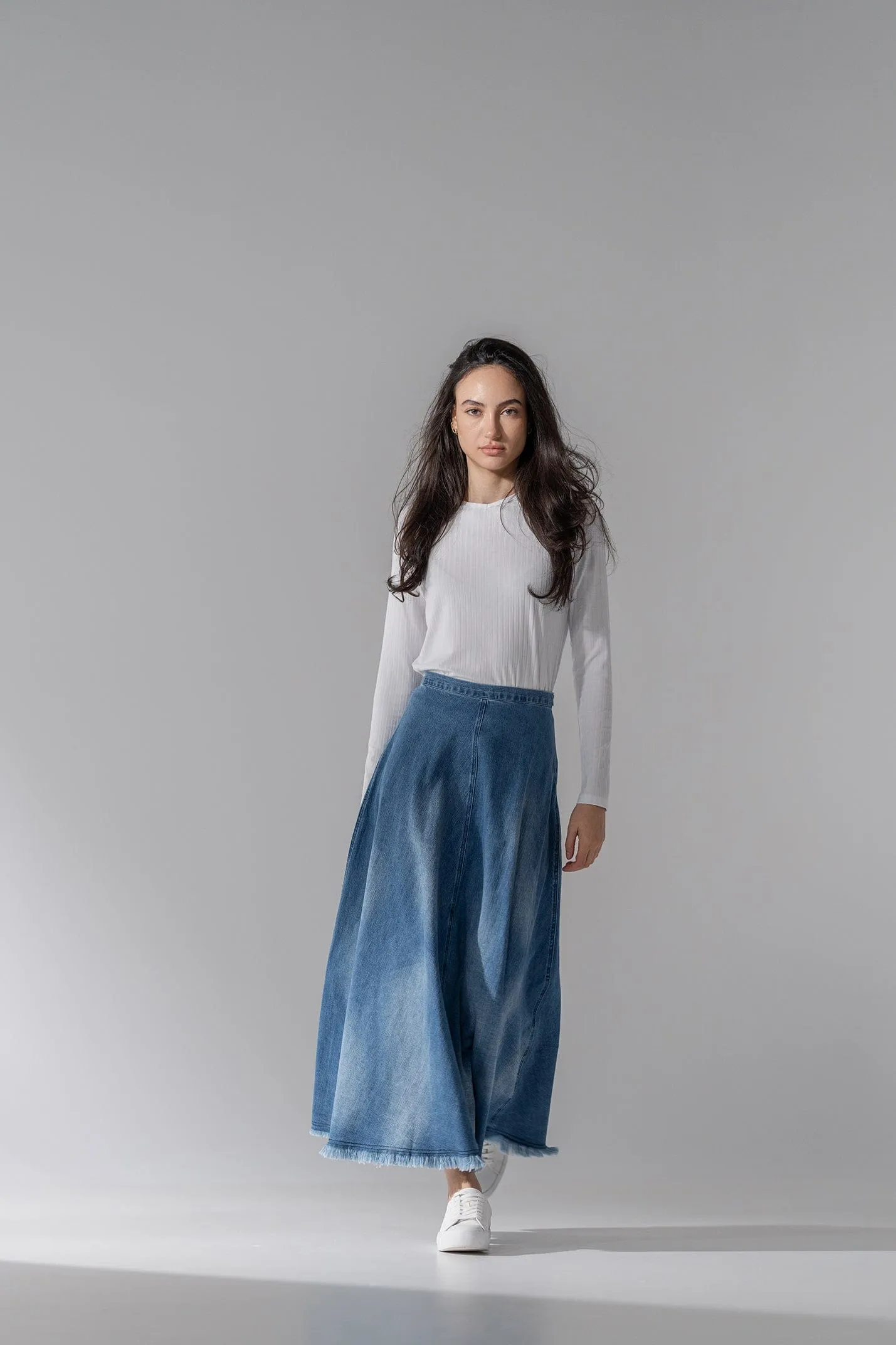 Washed Fringe Denim Skirt-Denim Blue