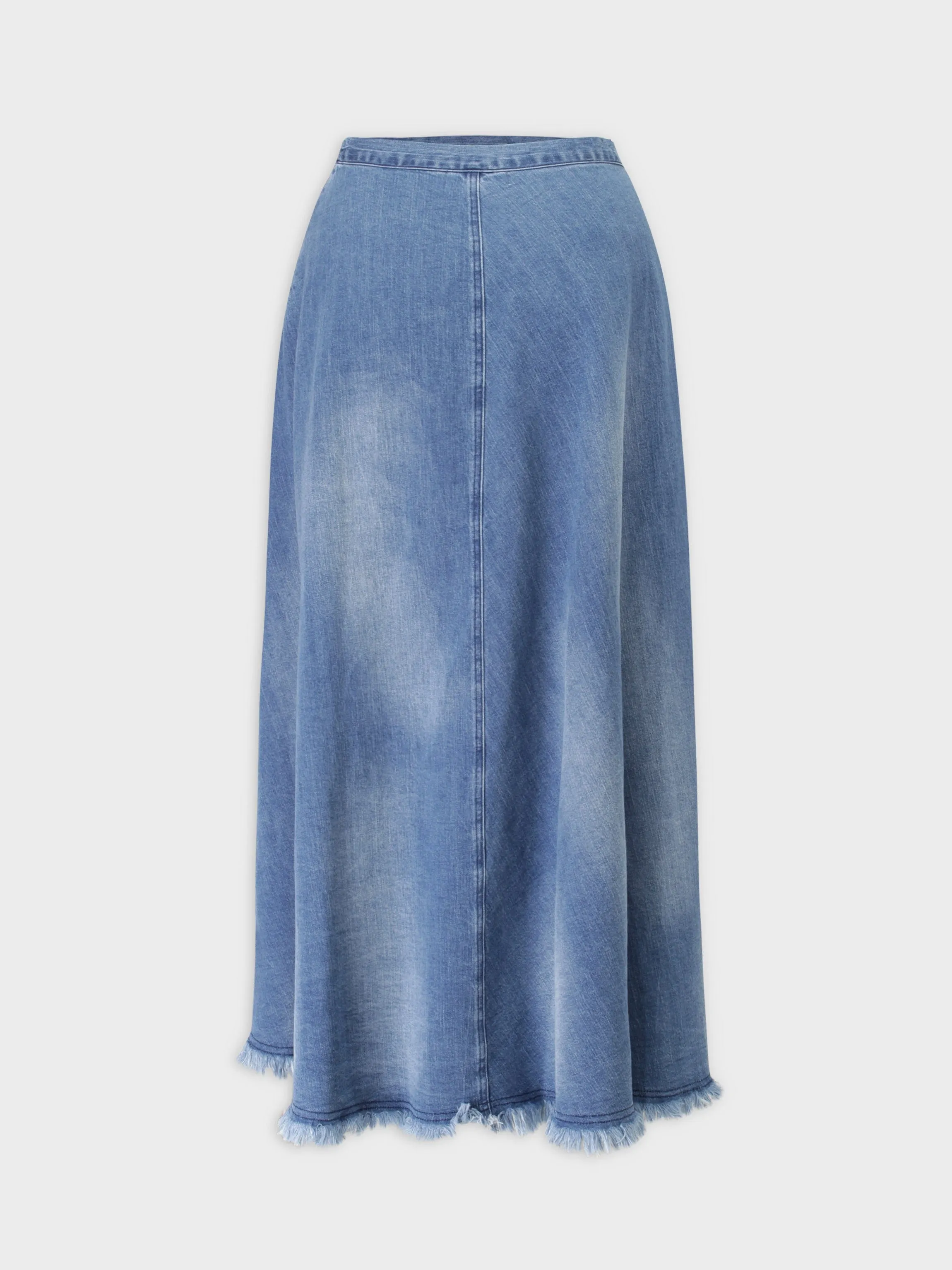 Washed Fringe Denim Skirt-Denim Blue