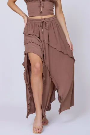 Washed Mocha Rayon Crinkle Ruffle Maxi Skirt