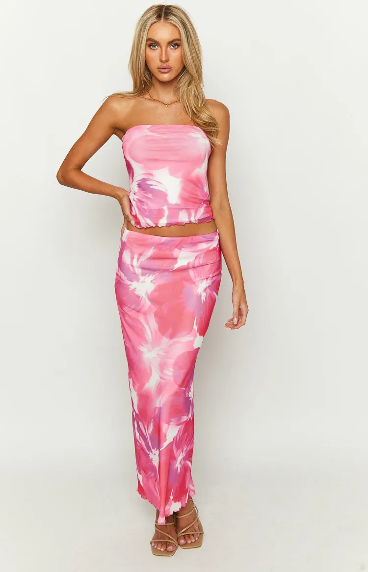 When In Rome Pink Floral Print Mesh Maxi Skirt