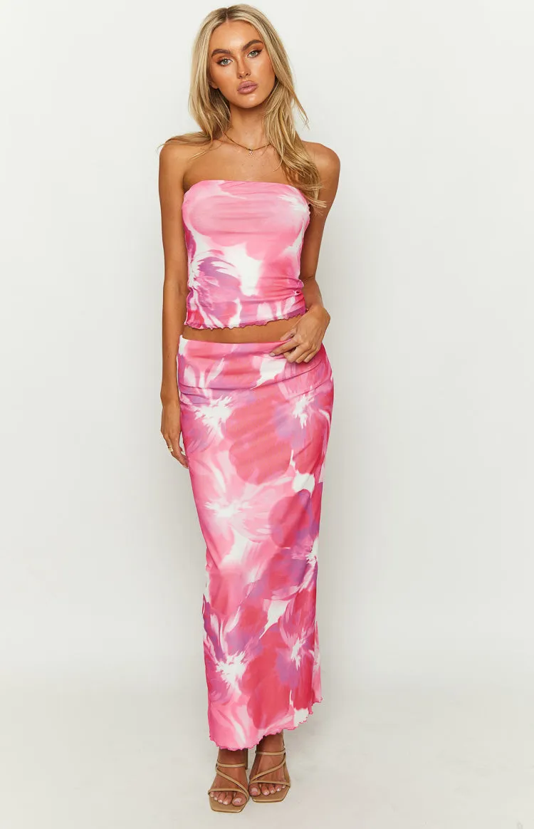 When In Rome Pink Floral Print Mesh Maxi Skirt