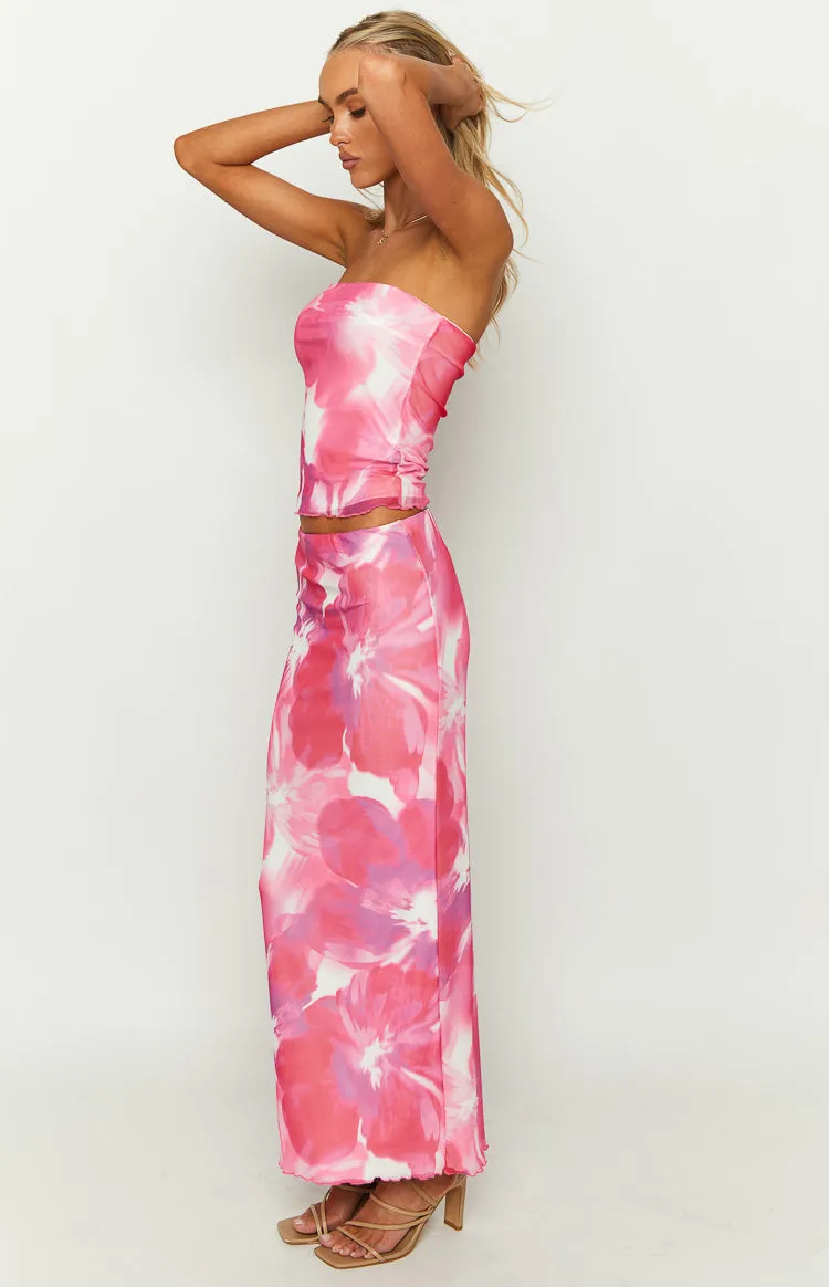 When In Rome Pink Floral Print Mesh Maxi Skirt