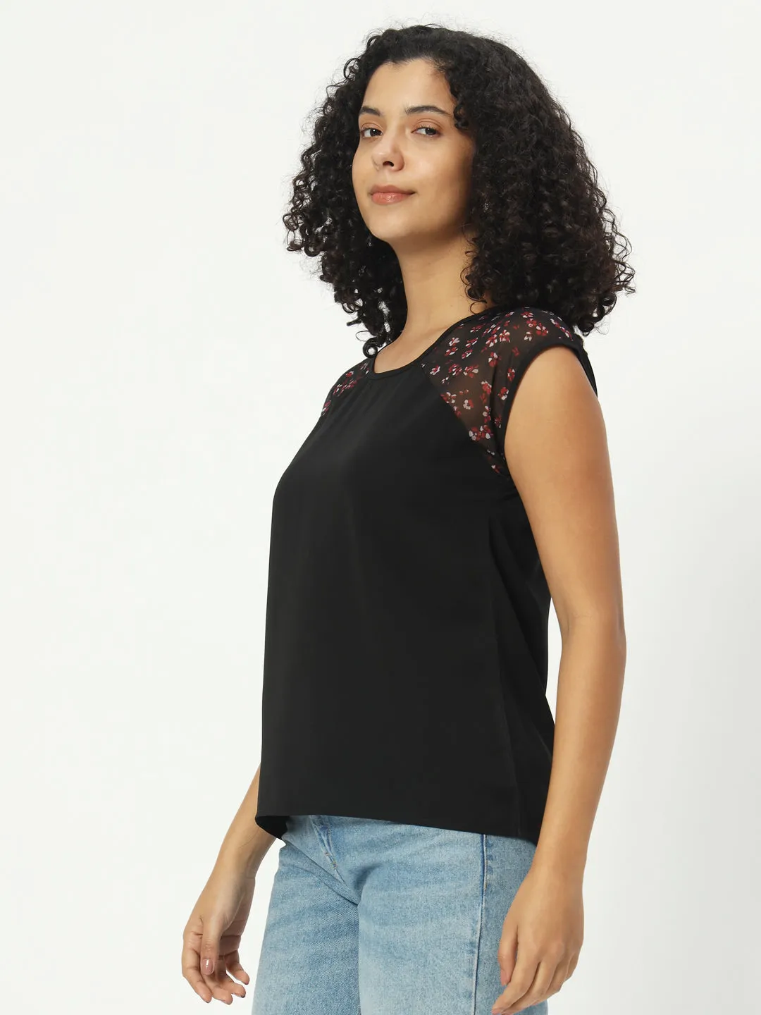 Women Black Floral Printed Top