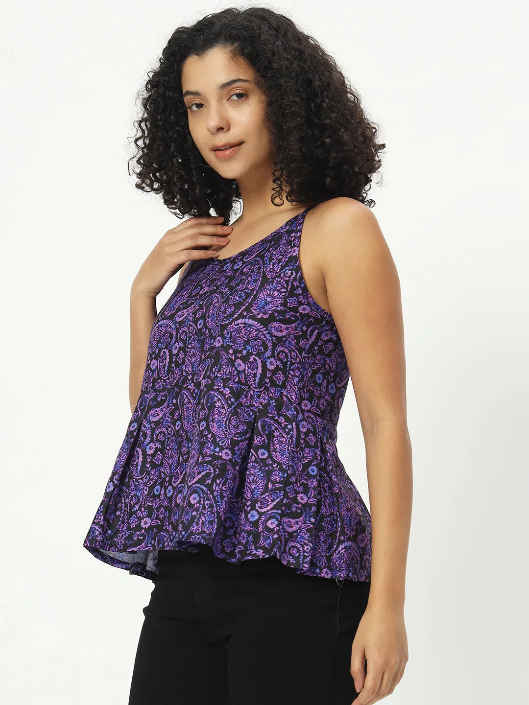 Women Floral Print Purple Cotton Top