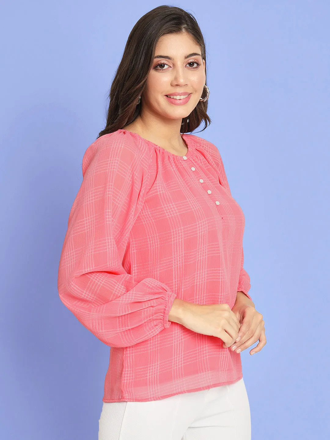 Women's Checked Puff Sleeves Pink Top