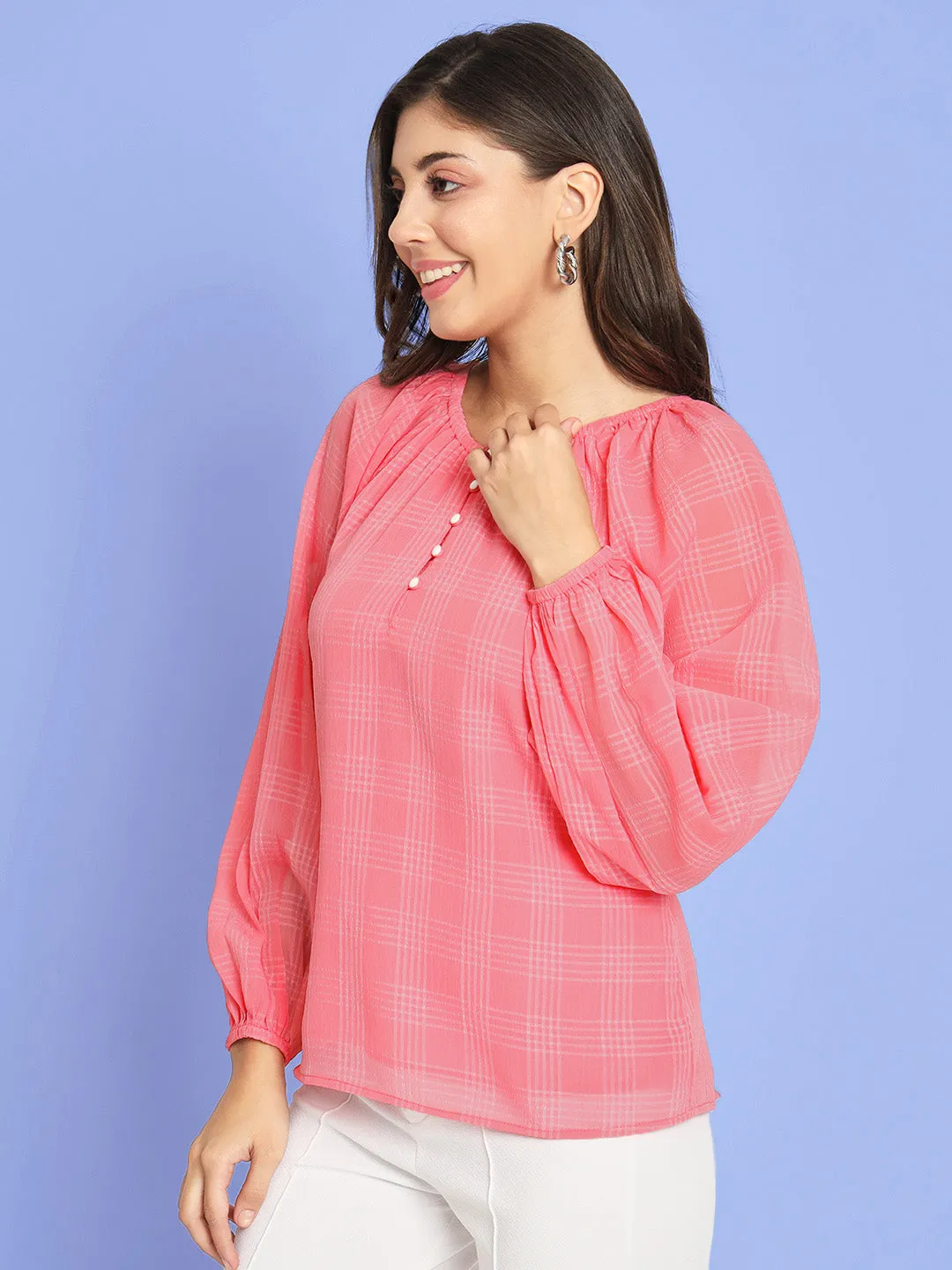 Women's Checked Puff Sleeves Pink Top