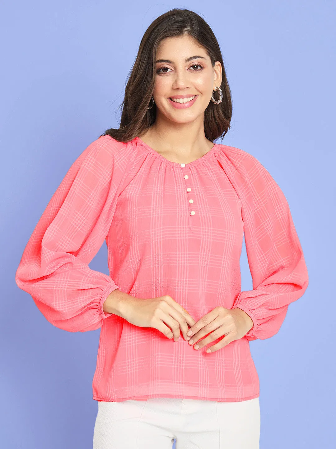 Women's Checked Puff Sleeves Pink Top