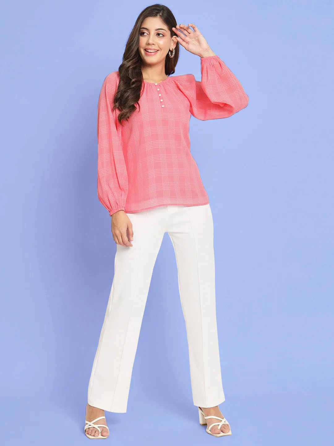 Women's Checked Puff Sleeves Pink Top