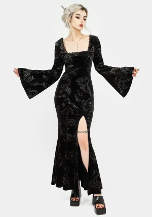 Zodiac Foil Print Velour Flute Sleeve Maxi Gown